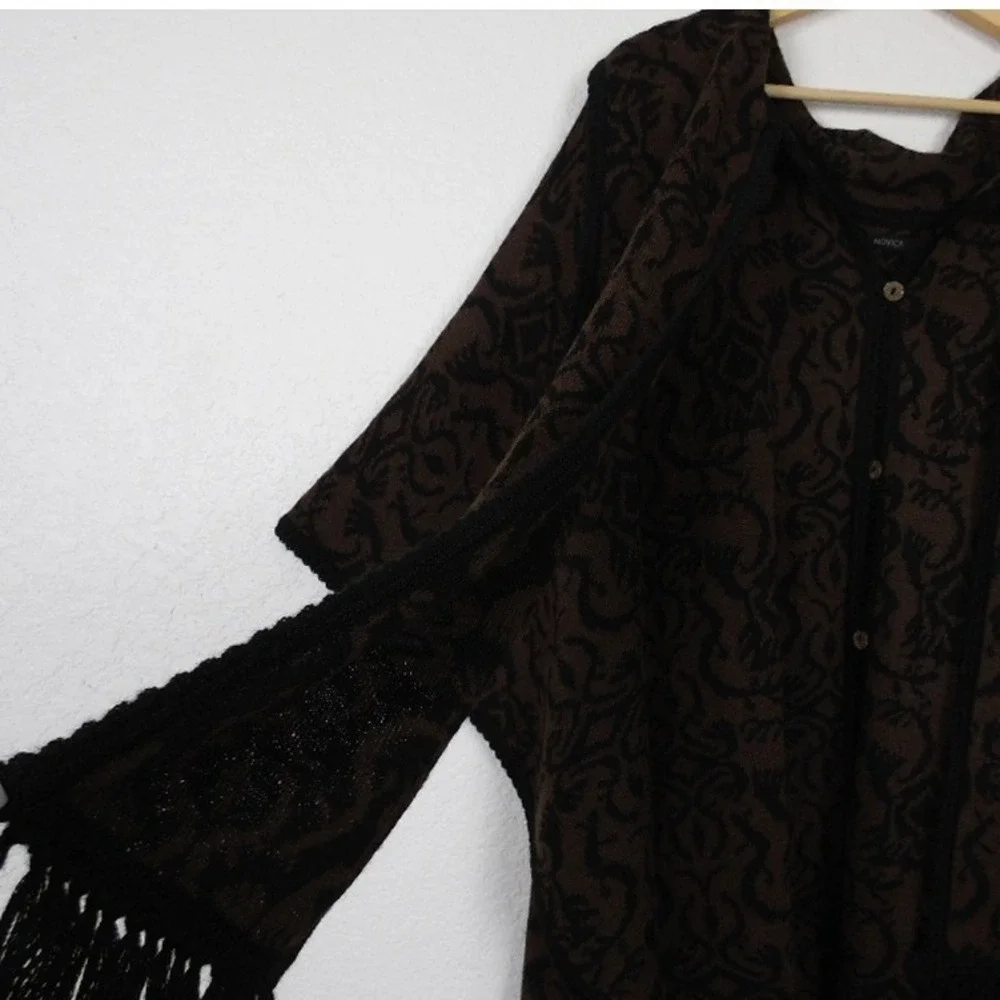 NOVICA Alpaca Ruana Button Front Poncho‎ Cloak Black Brown One Size Layering
